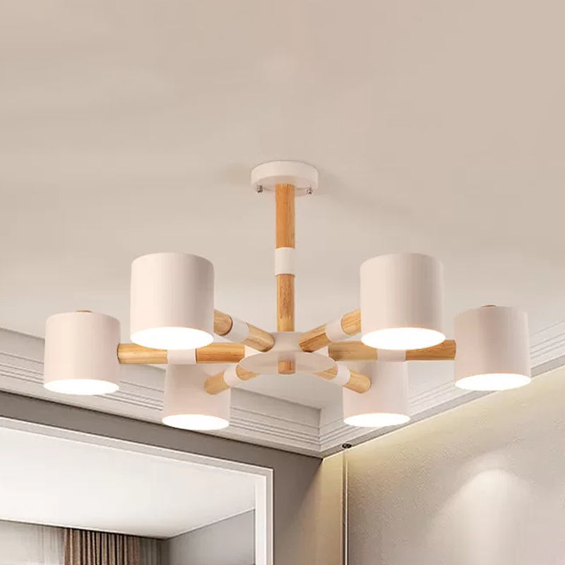 Nordic Chandelier: Metal & Wood Cylinder Shade Hotel Hanging Light with 6 Heads