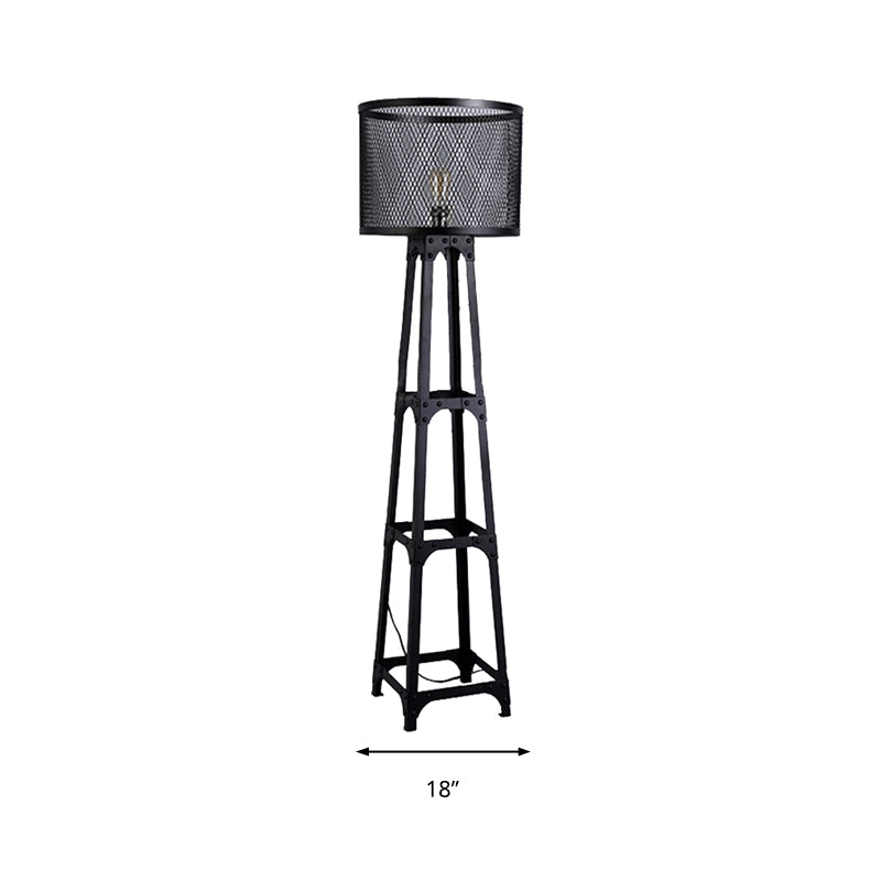 Industrial Black Metal Standing Floor Light with Mesh Screen and Drum Shade
