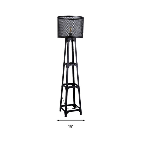 Industrial Black Metal Standing Floor Light with Mesh Screen and Drum Shade