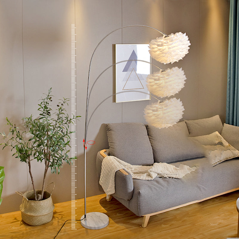 Simple White Feather Floor Lamp with Extendable Fishing Rod Arm