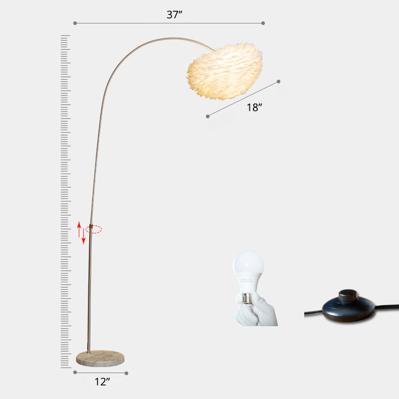 Simple White Feather Floor Lamp with Extendable Fishing Rod Arm