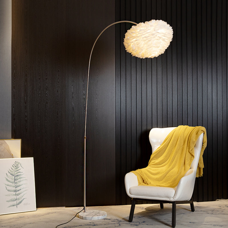 Simple White Feather Floor Lamp with Extendable Fishing Rod Arm