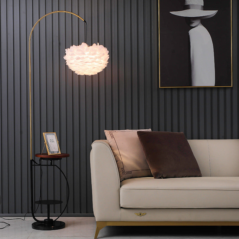 Nordic Metal Fishing Rod Standing Floor Lamp with 2-Tier Tray and Feather Shade