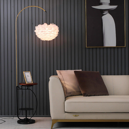 Nordic Metal Fishing Rod Standing Floor Lamp with 2-Tier Tray and Feather Shade