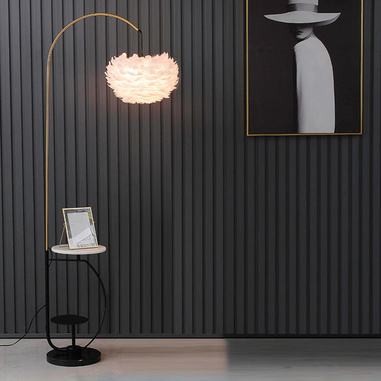 Nordic Metal Fishing Rod Standing Floor Lamp with 2-Tier Tray and Feather Shade