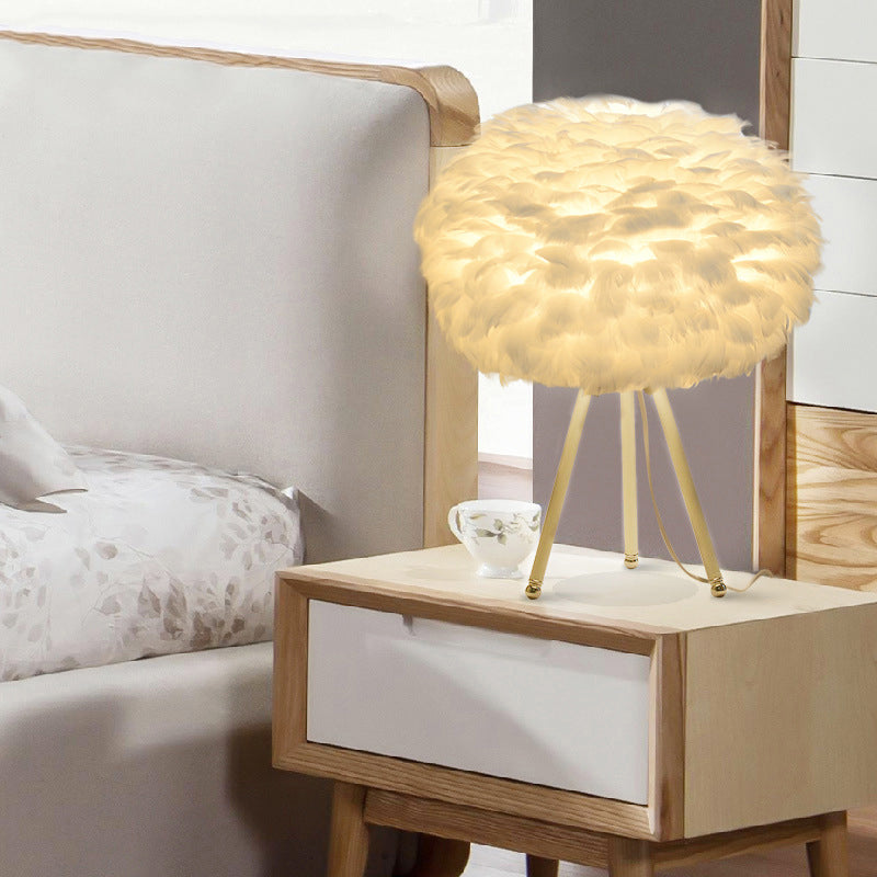 Nordic Feather Tripod Table Lamp- Bedroom Night Light with Globe Shade in White