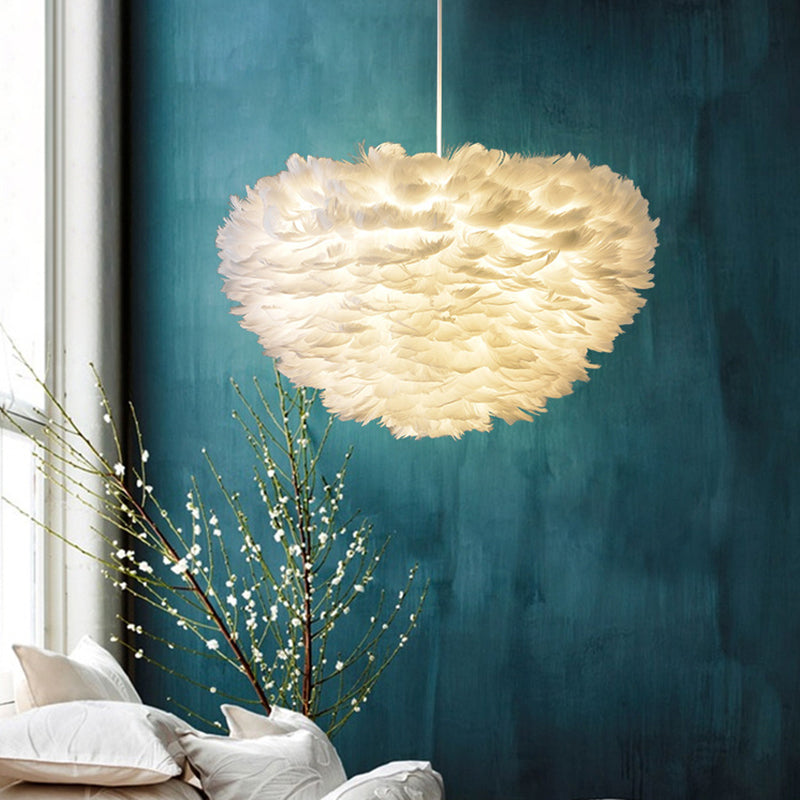 Feather Hemispherical Pendant Lamp - Minimalist White Suspension Light for Bedroom