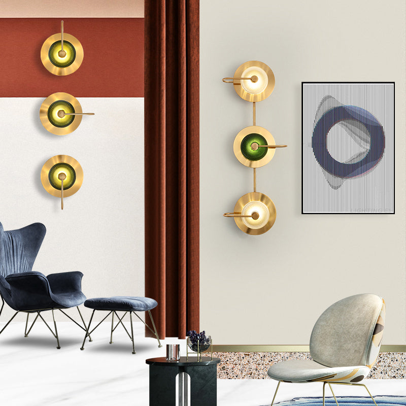 Postmodern Brushed Gold Glass Disc Wall Sconce - Wall Mounted Lamp for Living Room