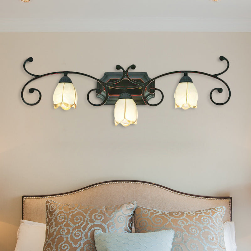 Red Brown Sconce Light - Classic Frosted Glass Flower Shape Vanity Lighting Fixture - 1/2/3 Lights