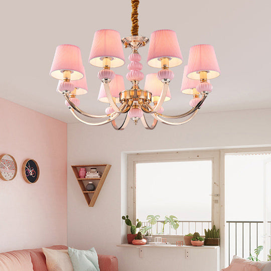 Nordic Chandelier Light: Conical Child Bedroom Hanging Lamp with Elegant Pleated Fabric and Arc Arm