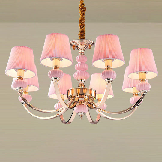 Nordic Chandelier Light: Conical Child Bedroom Hanging Lamp with Elegant Pleated Fabric and Arc Arm