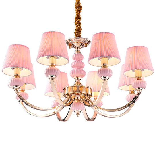 Nordic Chandelier Light: Conical Child Bedroom Hanging Lamp with Elegant Pleated Fabric and Arc Arm