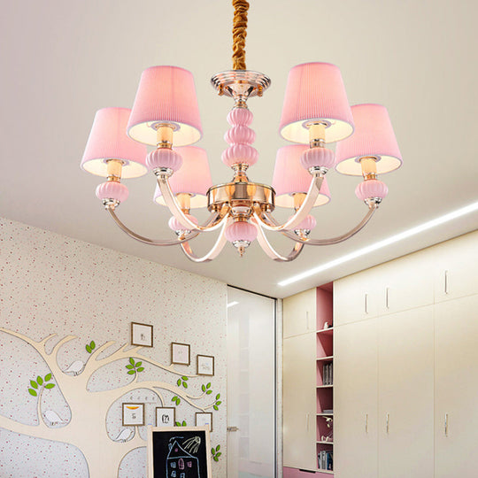 Nordic Chandelier Light: Conical Child Bedroom Hanging Lamp with Elegant Pleated Fabric and Arc Arm