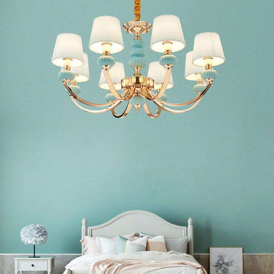 Nordic Chandelier Light: Conical Child Bedroom Hanging Lamp with Elegant Pleated Fabric and Arc Arm