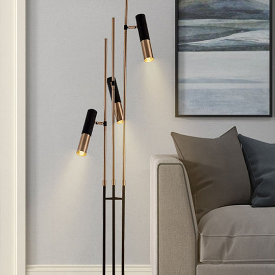 Modern 3-Light Floor Lamp in Gold and Black with Tubular Spotlight and Metal Shade
