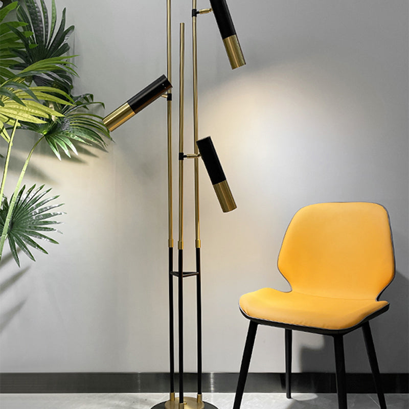 Modern 3-Light Floor Lamp in Gold and Black with Tubular Spotlight and Metal Shade
