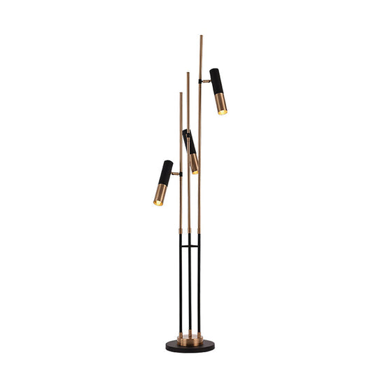 Modern 3-Light Floor Lamp in Gold and Black with Tubular Spotlight and Metal Shade