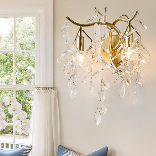 Champagne K9 Crystal Wall Sconce & Fixture: 2-Light Foliage Design for Bedroom
