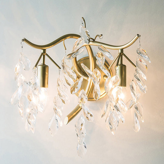 Champagne K9 Crystal Wall Sconce & Fixture: 2-Light Foliage Design for Bedroom