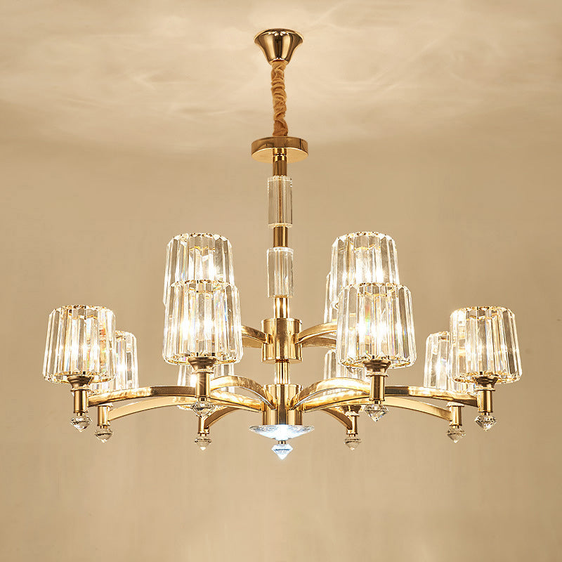 Modern Brass Cylindrical Crystal Chandelier for Living Room