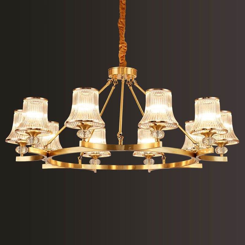 Vintage Brass Flared Chandelier with Clear Rib Glass - Living Room Pendant Light