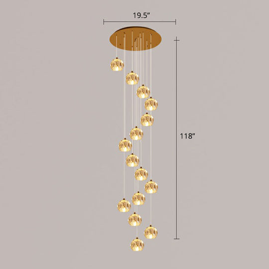 Golden Cluster Pendant Light with Faceted Cut Crystal Ball Design for Stairway Illumination