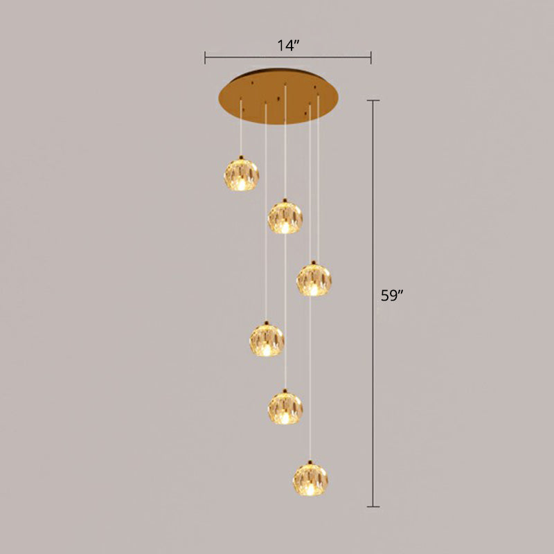 Golden Cluster Pendant Light with Faceted Cut Crystal Ball Design for Stairway Illumination