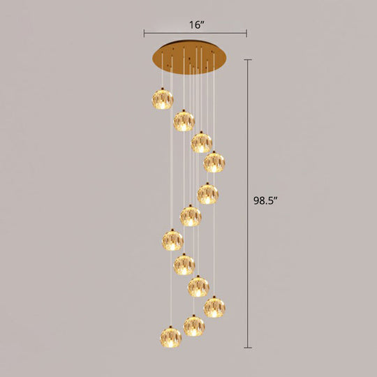 Golden Cluster Pendant Light with Faceted Cut Crystal Ball Design for Stairway Illumination
