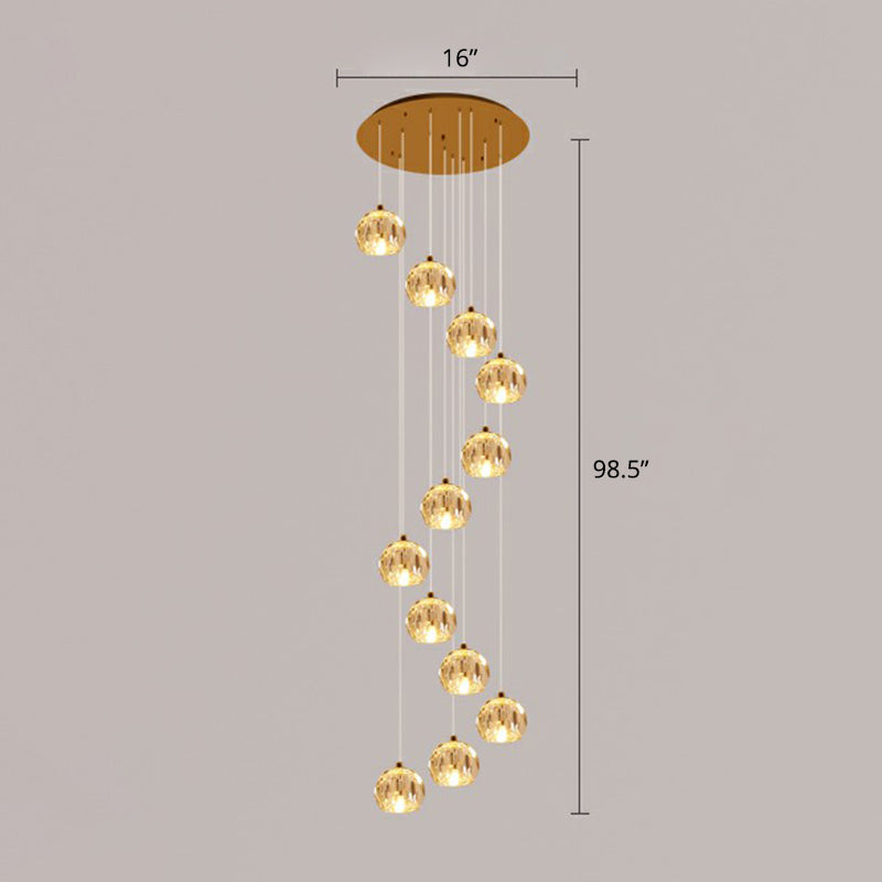 Golden Cluster Pendant Light with Faceted Cut Crystal Ball Design for Stairway Illumination