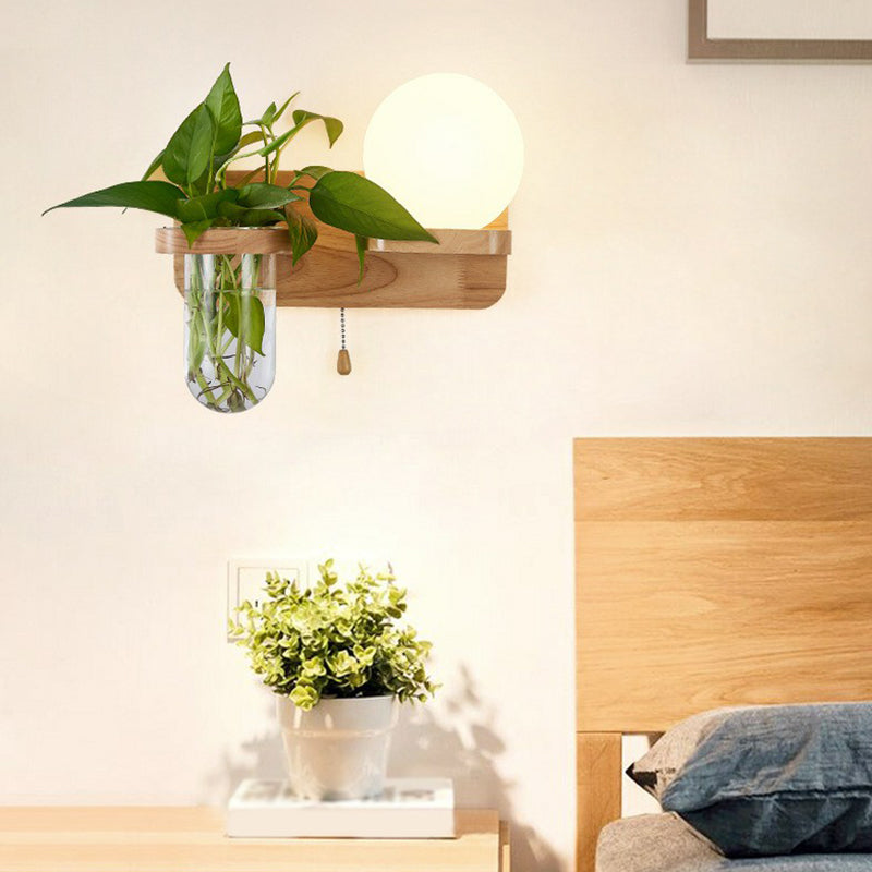 Geometric Wall Sconce Art Deco 1 Head Light with Plant Container and Wooden Shelf - Cream Glass
