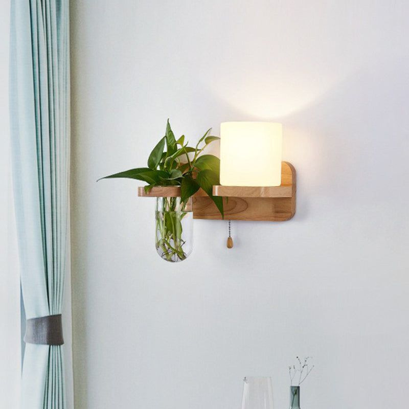 Geometric Wall Sconce Art Deco 1 Head Light with Plant Container and Wooden Shelf - Cream Glass