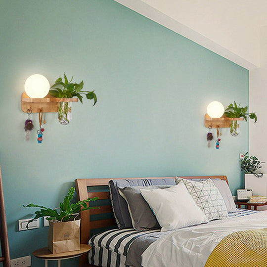 Geometric Wall Sconce Art Deco 1 Head Light with Plant Container and Wooden Shelf - Cream Glass