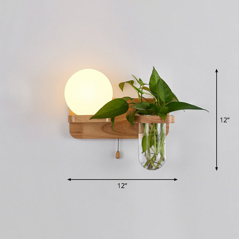 Geometric Wall Sconce Art Deco 1 Head Light with Plant Container and Wooden Shelf - Cream Glass