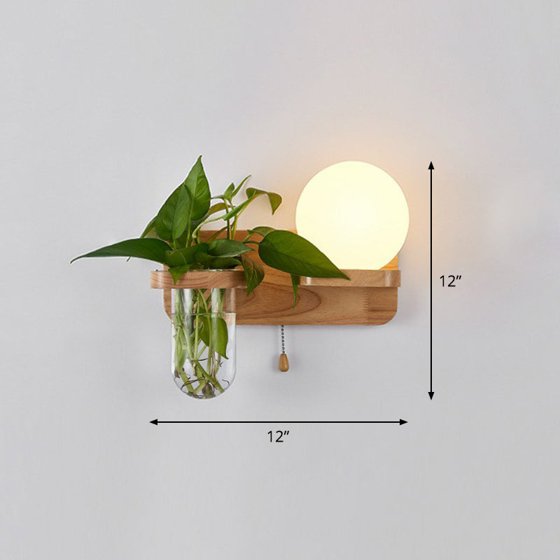Geometric Wall Sconce Art Deco 1 Head Light with Plant Container and Wooden Shelf - Cream Glass