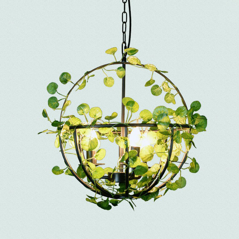 Country Style Wire Cage Iron Chandelier - Green Hanging Ceiling Light with Artificial Vine