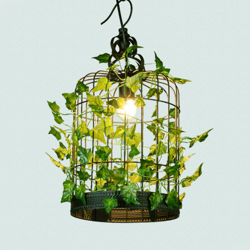Country Style Wire Cage Iron Chandelier - Green Hanging Ceiling Light with Artificial Vine