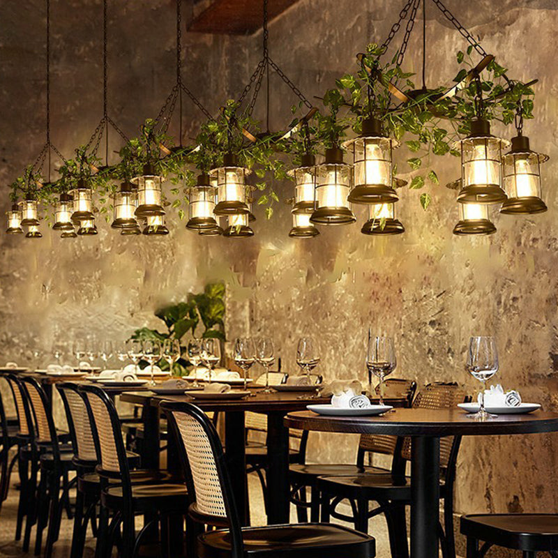 Black Industrial Lantern Chandelier with Green Vine Accents and Clear Glass – Stylish Suspension Light