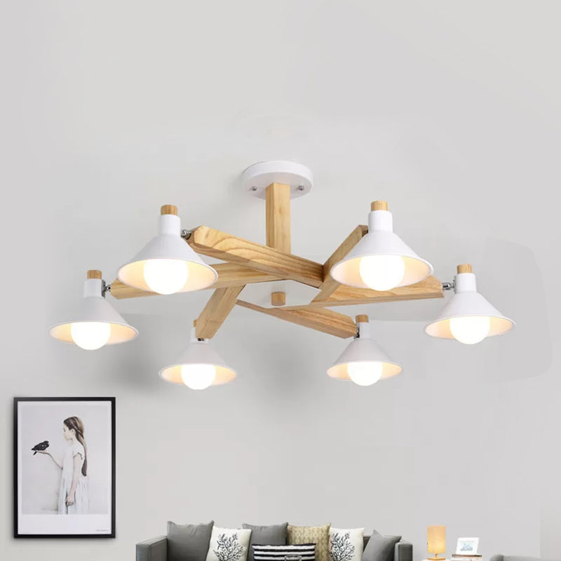 Modern Nordic Chandelier - Rotatable Wood Ceiling Light with 6 Lights in White for Living Room