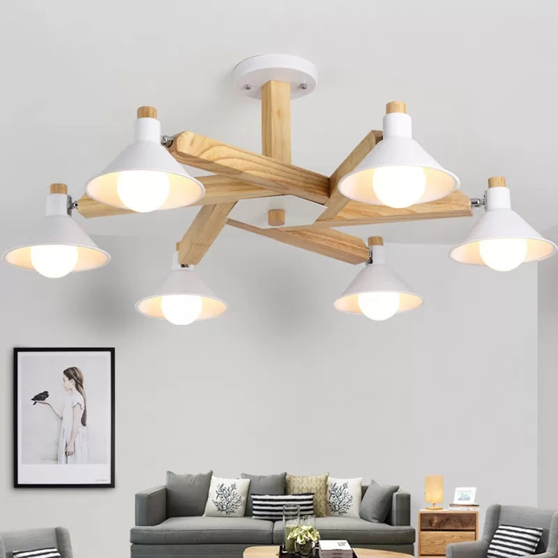 Modern Nordic Chandelier - Rotatable Wood Ceiling Light with 6 Lights in White for Living Room