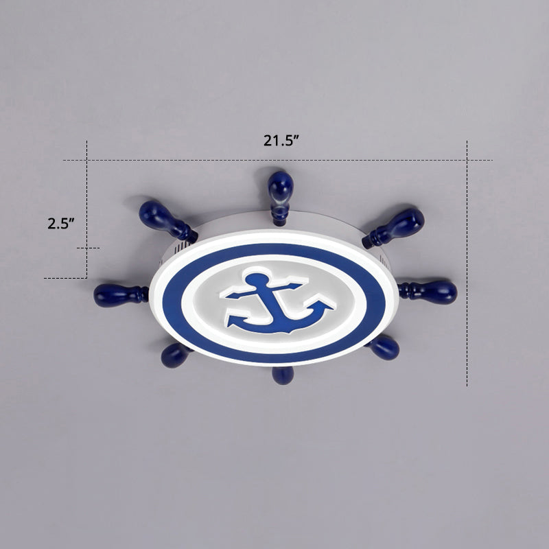 Blue LED Flushmount Ceiling Lamp for Kids Room with Cartoon Ship Rudder Design