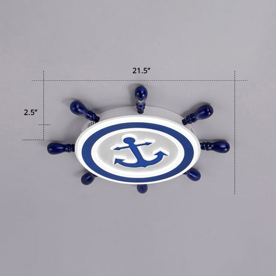 Blue LED Flushmount Ceiling Lamp for Kids Room with Cartoon Ship Rudder Design