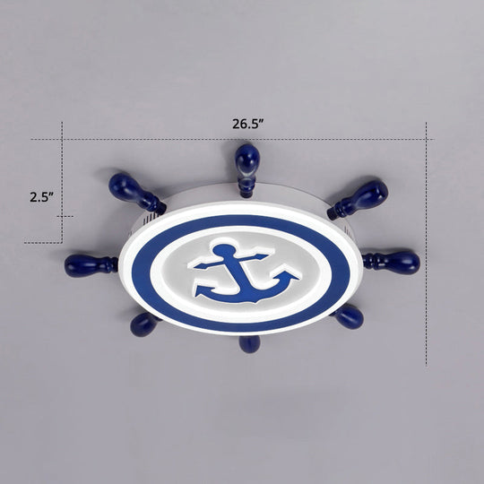 Blue LED Flushmount Ceiling Lamp for Kids Room with Cartoon Ship Rudder Design