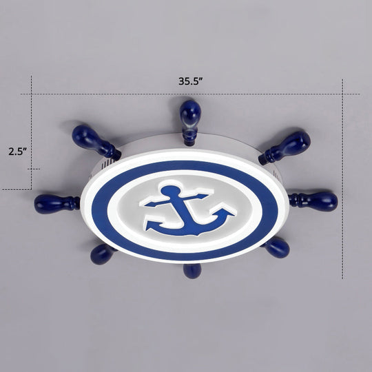 Blue LED Flushmount Ceiling Lamp for Kids Room with Cartoon Ship Rudder Design