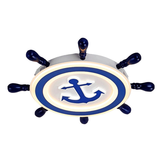 Blue LED Flushmount Ceiling Lamp for Kids Room with Cartoon Ship Rudder Design