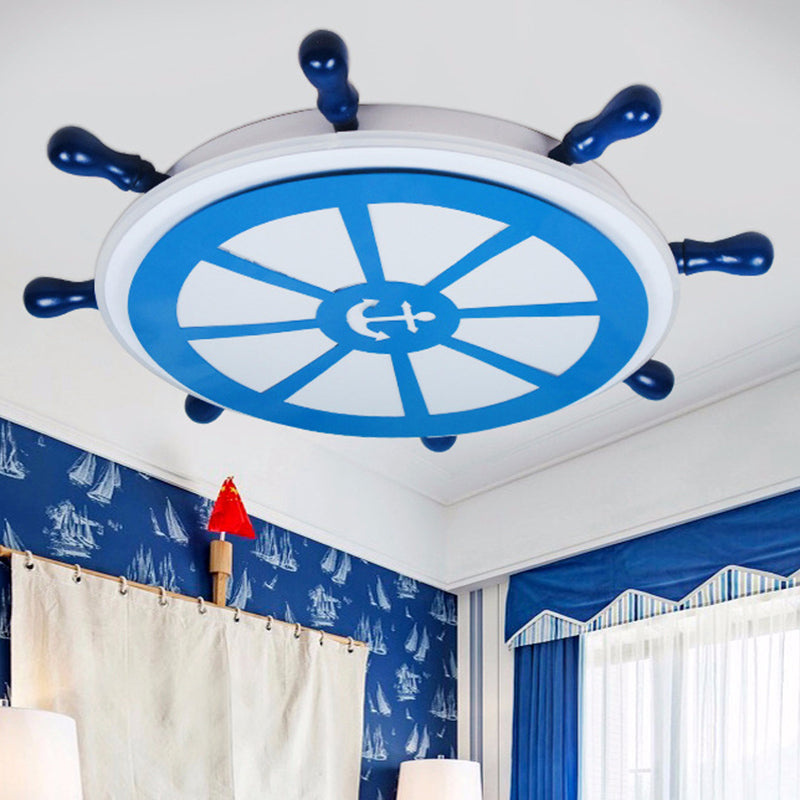 Blue Metal Flush Mount LED Ceiling Light for Boys Bedroom - Rudder Design, Ideal for Kids