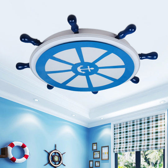 Blue Metal Flush Mount LED Ceiling Light for Boys Bedroom - Rudder Design, Ideal for Kids