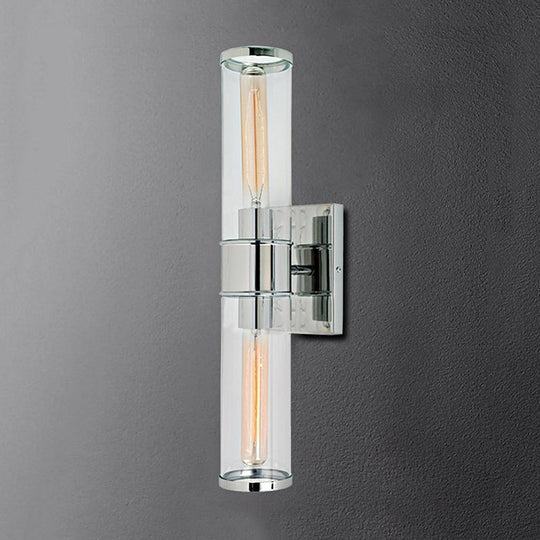 Traditional Clear Glass Tube Wall Lamp with 2 Bulbs - Brass/Chrome Sconce for Bedside
