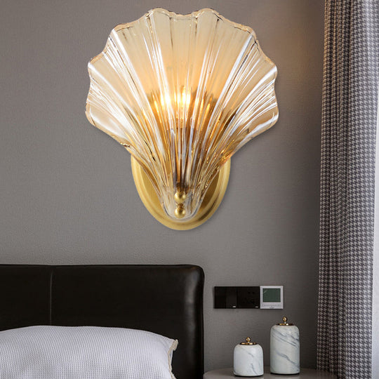Scalloped Clear Glass Wall Mount Light with Brass Finish