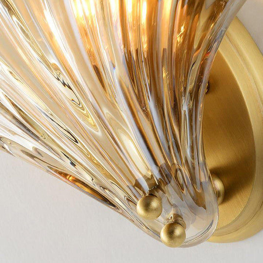 Scalloped Clear Glass Wall Mount Light with Brass Finish