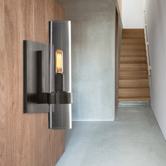 Traditional Cylinder Glass Sconce Light - 2.5"/5" Wide Wall Lamp for Stairs with Black/Brass Finish